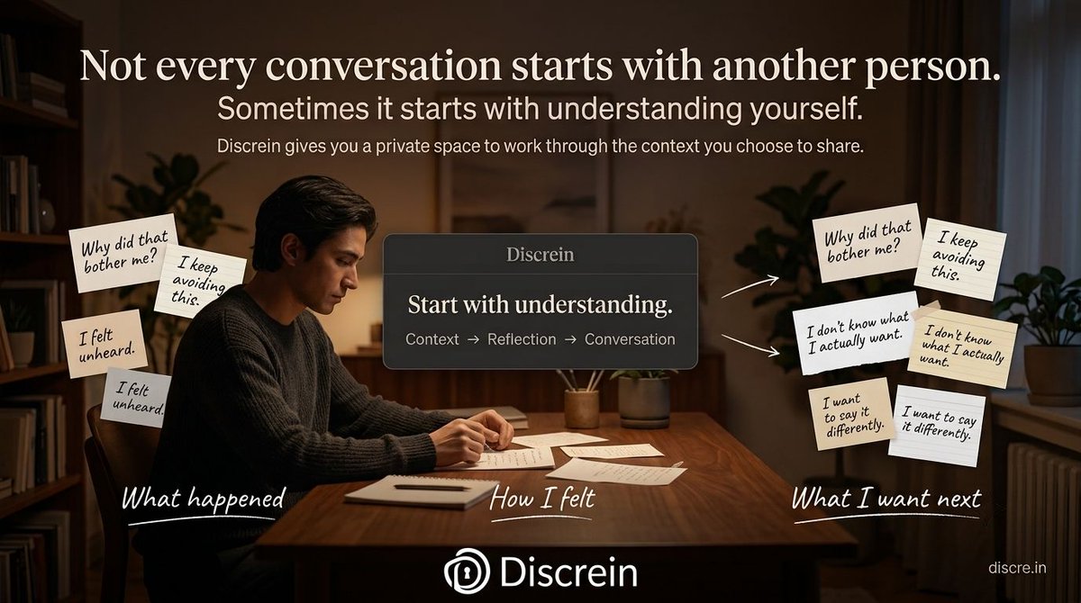 discre_in's tweet photo. Not every difficult conversation starts with “What should I say?”

Sometimes it starts with:
“What actually happened?”
“What am I feeling?”
“What do I want to change?”

Understanding yourself can change how you approach the conversation.

→ https://t.co/AORTYOMr1T

#Discrein #AI https://t.co/lvdl4tNeeq
