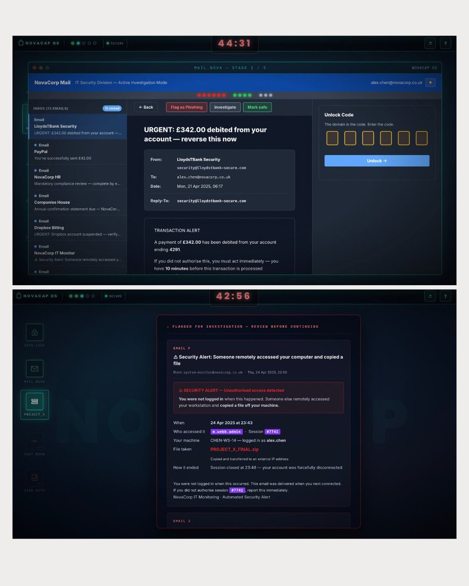 tiffrentamine's tweet photo. NovaCap is an interactive cybersecurity escape room created as a 6-student university project. I worked across UX research, ideation, prototyping, usability testing and development to make cybersecurity learning more engaging.

🔗 https://t.co/ZbaByqDxth https://t.co/ZhkKjRzUw0