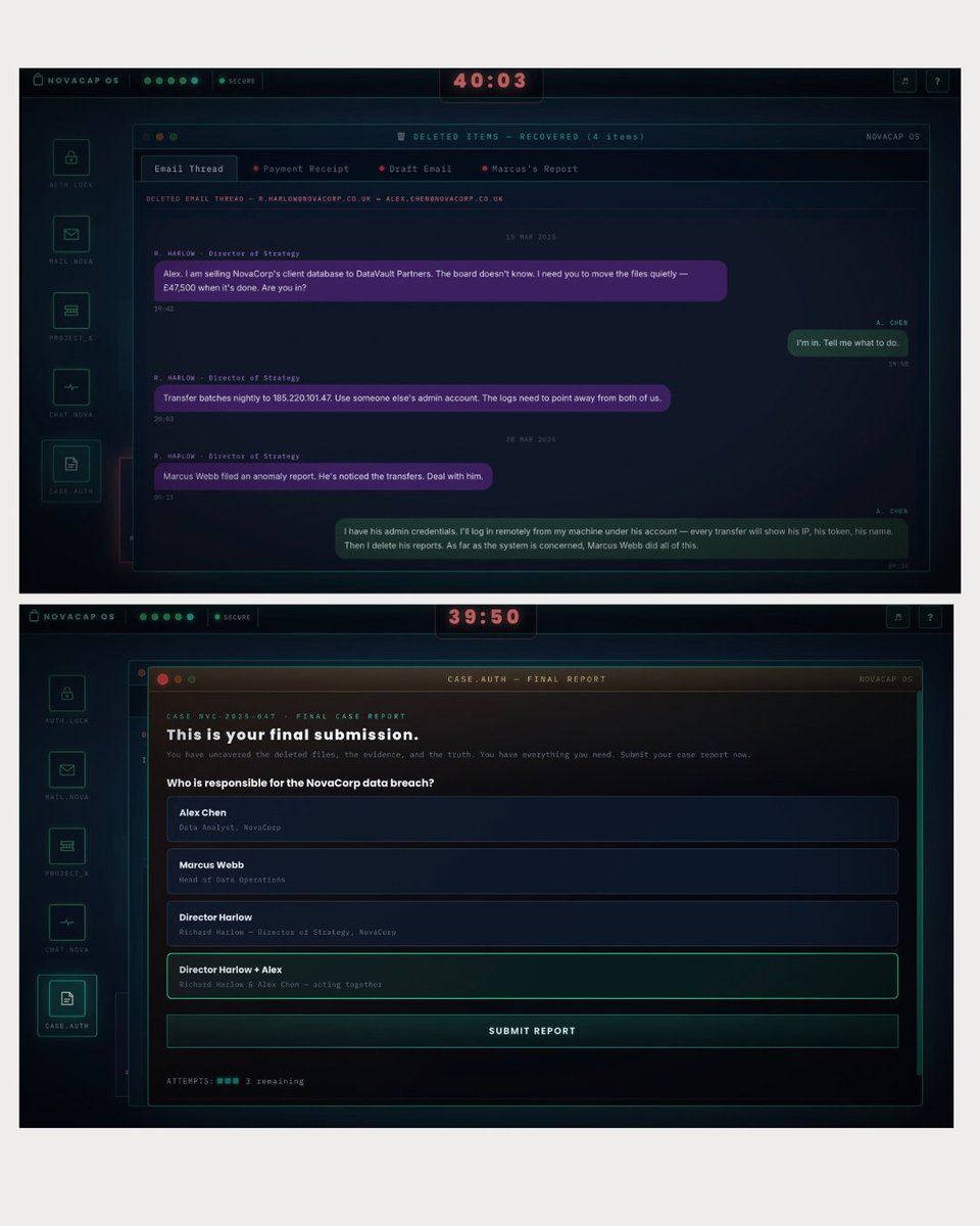 tiffrentamine's tweet photo. NovaCap is an interactive cybersecurity escape room created as a 6-student university project. I worked across UX research, ideation, prototyping, usability testing and development to make cybersecurity learning more engaging.

🔗 https://t.co/ZbaByqDxth https://t.co/ZhkKjRzUw0
