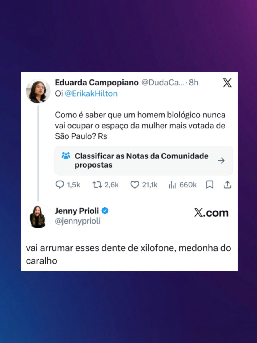 poponze's tweet photo. Jenny Prioli defende Erika Hilton (PSOL) após Eduarda Campopiano (PL) fazer comentário transfóbico:

“Vai arrumar esses dente de xilofone, medonha do caralh*” https://t.co/j4Bg2fEXnP