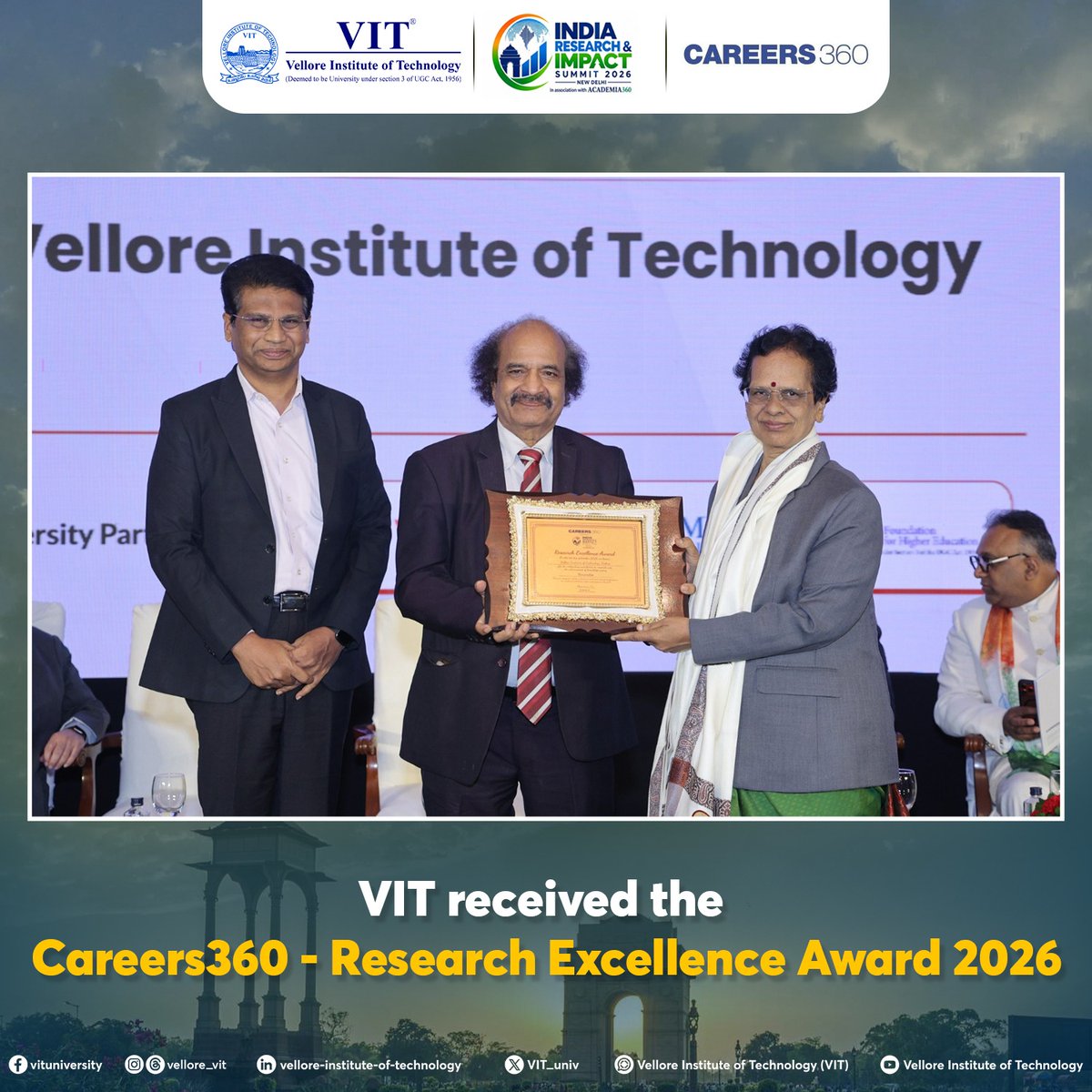 VIT_univ's tweet photo. VIT has been honoured with @careers360's prestigious Research Excellence Award 2026 in the 'Universities' domain at IRIS 2026, New Delhi. Our VP, Dr. Sekar Viswanathan, also represented VIT as a distinguished panellist at the summit

#VIT #IRIS2026 #DrSekarViswanathan https://t.co/1HlS9j6MwO