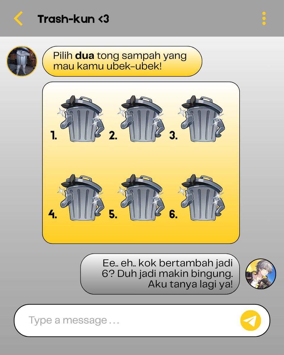 KerjoKeleus's tweet photo. RONDE 4

Bertambah lagi nih tong sampahnya ada 6, dan kali ini bisa pilih 2! Yuk dipilih sampai jam 20:17. https://t.co/mKqWYev8N8