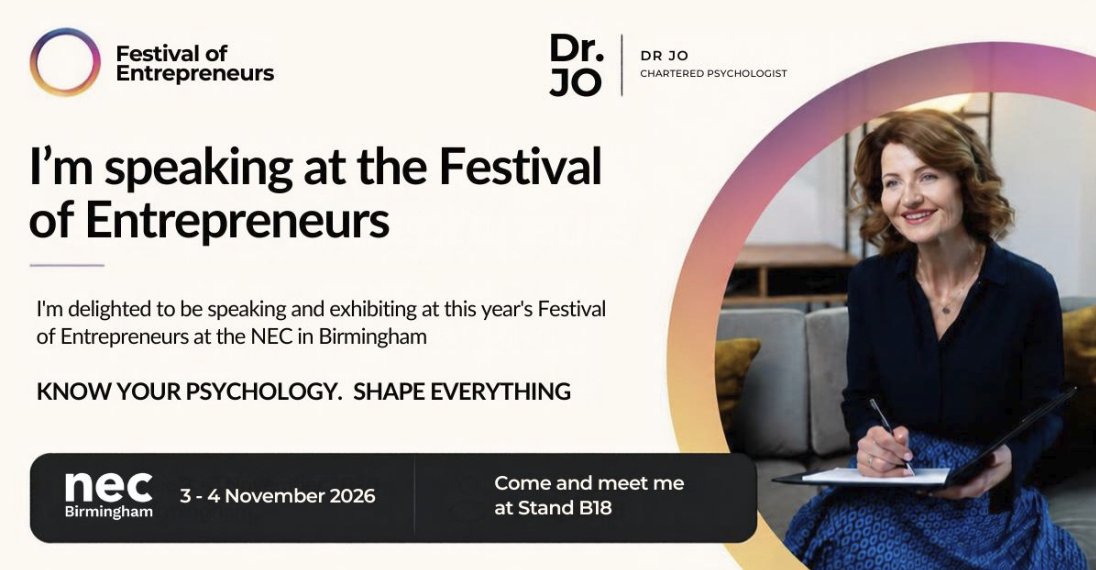 DrJoPerkins's tweet photo. I'm excited to be speaking at this years Festival of Entrepreneurs at the @thenec. I’ll be exploring the psychology behind sustainable high performance and sharing practical tools. Come and see me at Stand B18.
#entrepreneurs #nec #festivalofentrepreneurs #businessfounders https://t.co/SmPC9D1ZFz