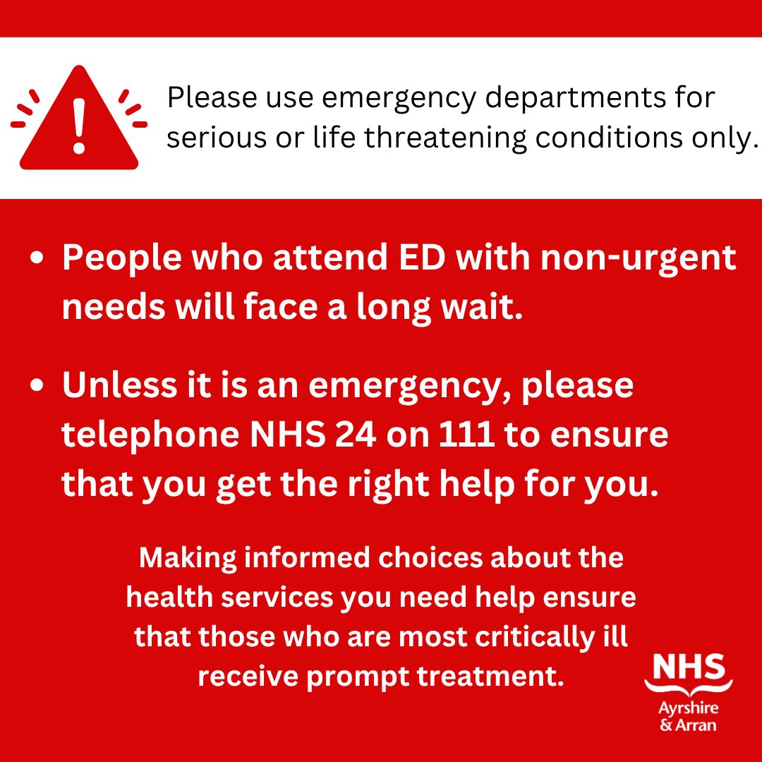 NHSaaa's tweet photo. Our Emergency Departments (A&amp;E) at University Hospital Ayr and University Hospital Crosshouse are extremely busy today. People who attend ED with non-urgent needs will face a long wait. https://t.co/FLuQqcQqJj
