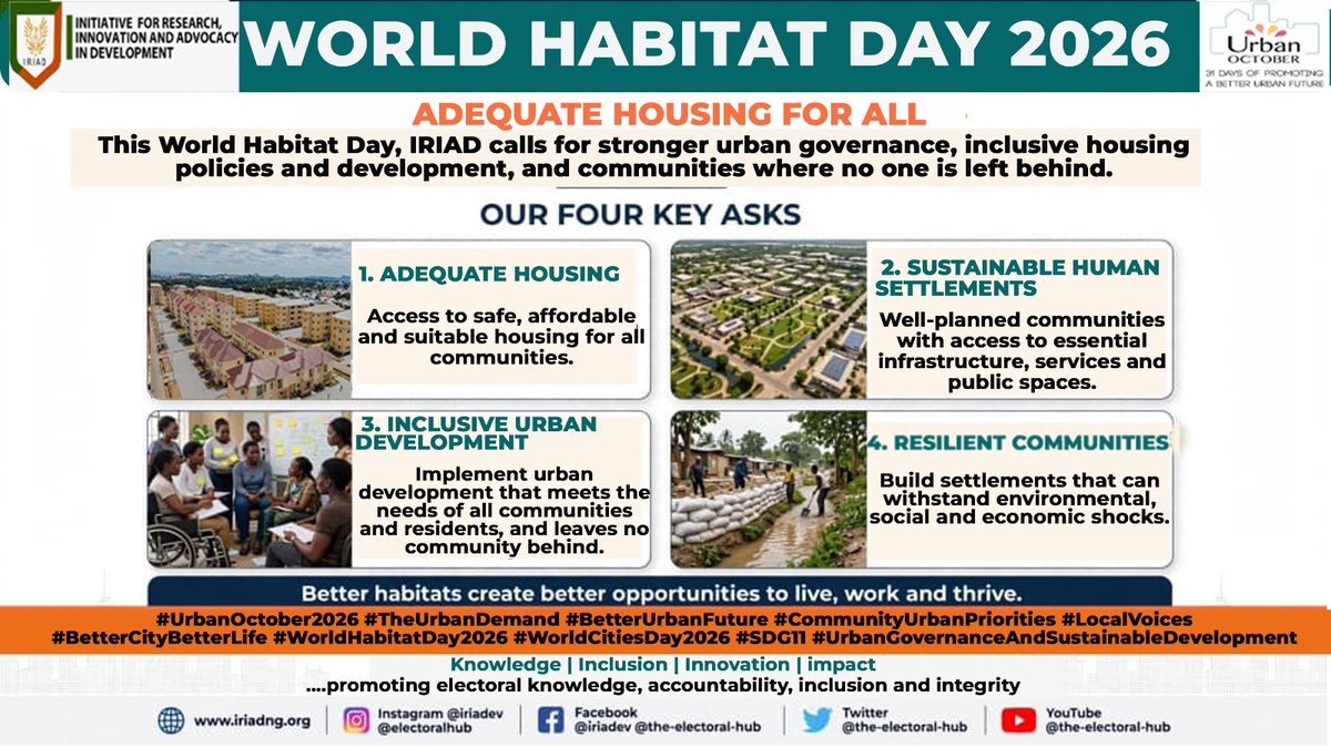 IRIADEV's tweet photo. Celebrating World Habitat Day 2026

Theme: Adequate Housing for All

Every person deserves a place to call home. A place that is safe, secure, dignified and affordable.

@ElectoralHub @UNHABITAT @UNEP @fmhud_ng https://t.co/8IAReuDdu2