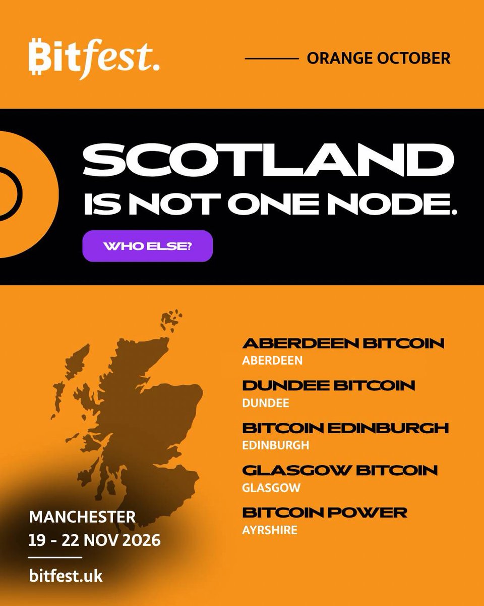 Bitfestuk's tweet photo. Granite City to Glasgow. Ayrshire to Dundee. ๐
Aberdeen Bitcoin. Bitcoin Edinburgh. Bitcoin Power โ Ayrshire. Dundee Bitcoin. Glasgow Bitcoin. BTheChange.
Scotland has more than one Bitcoin node.
Which one should we look at next?
#OrangeOctoberBTC https://t.co/hlVE1j8sBk
