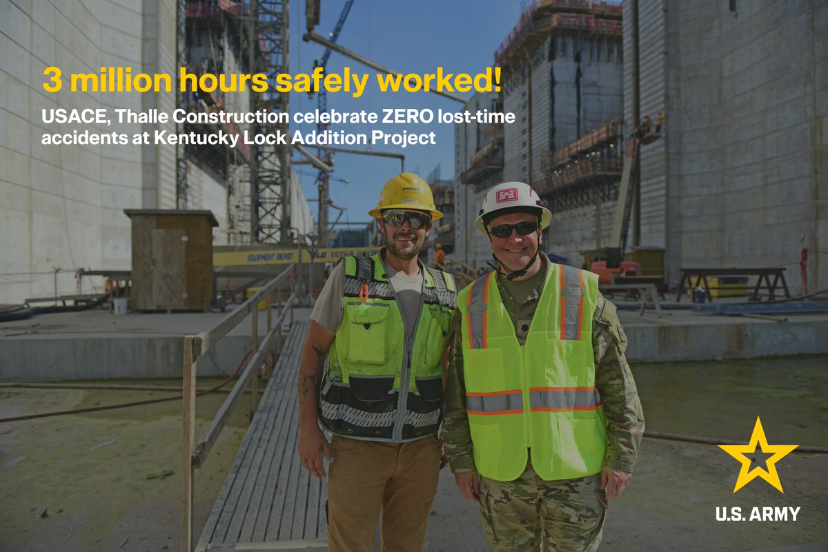 NashvilleCorps's tweet photo. 3M hours safely worked! 👷♂️🎉 Together with Thalle Construction, #USACE celebrated ZERO lost-time accidents constructing new #navigation lock at Kentucky Lock Addition Project. https://t.co/oTWI9ybJxY https://t.co/K83O8vaMpF