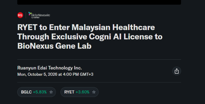 TradePulse2's tweet photo. $RYET just opened a new growth lane 

The company is moving into Malaysian healthcare through an exclusive agreement, adding another vertical to its international expansion story.

AI. Education. Smart Campus. Now healthcare.

Malaysia is becoming a much bigger part of the $RYET story