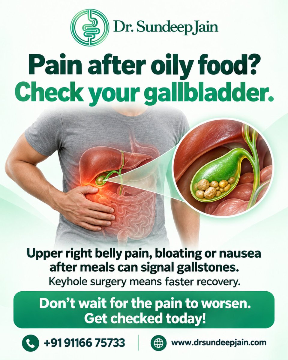 Sundeepjain1970's tweet photo. Pain after oily food? Upper-right abdominal pain, bloating, or nausea may be signs of gallstones. Persistent symptoms deserve medical attention-get checked early.

#Gallstones #GallbladderHealth #AbdominalPain #DigestiveHealth #DrSundeepJain https://t.co/AatqAwE8b4