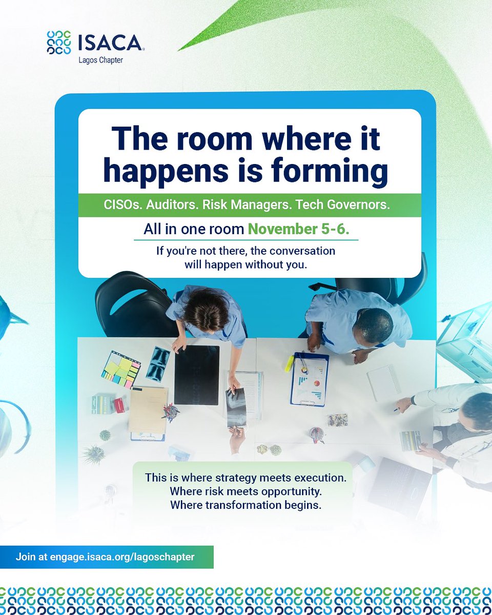 ISACALAGOS149's tweet photo. On November 5&6, CISOs, auditors, risk managers, and technology leaders will come together to challenge ideas, and explore the decisions shaping the future of digital transformation.
Donโt just hear about it. Be where it happens.
๐ Join us: https://t.co/1KGmImvpUL
#isacaLagos https://t.co/EDcgOZ0wyd