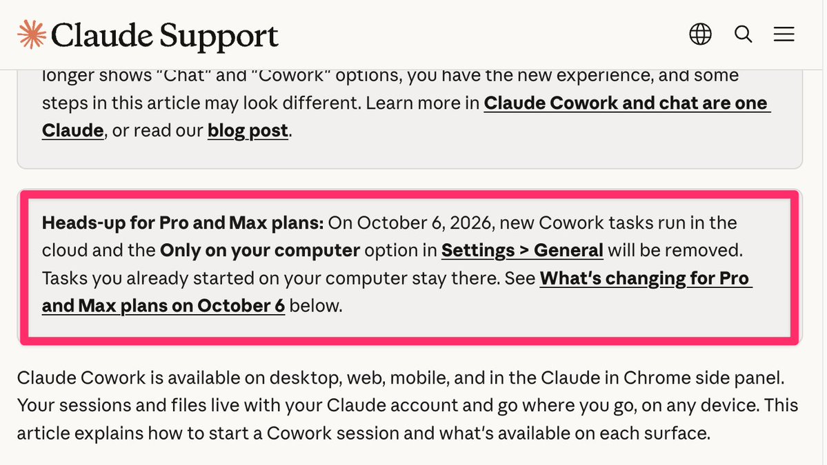 hqmank's tweet photo. 🚨Anthropic removes Cowork's local option for Pro/Max tomorrow.

New tasks run in the cloud. Existing local tasks stay on your computer.

Anthropic says your sessions and files "live with your Claude account and go where you go."

Where is my data, and who can access it? https://t.co/bsUSxGdEZK