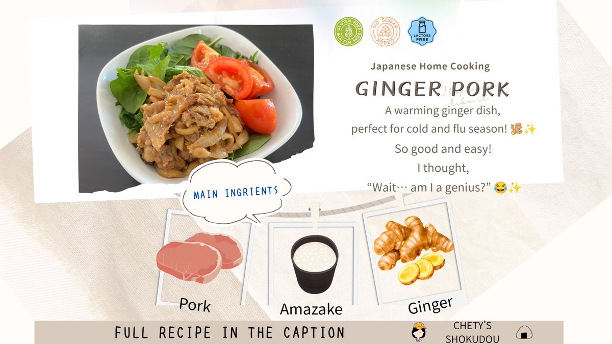 pudding8888t's tweet photo. Ginger Pork 🇯🇵 | Japanese Home Cooking
So good and so easy! I honestly thought, “Wait… am I a genius?” 😂✨
This ginger pork is made with amazake instead of added sugar, and you don’t need any oil either!

Ingredients | 1 serving
• Pork — 140g • Onion — 90g (½ medium onion)
[A] • Amazake — 2 tbsp • Grated ginger — 1 tbsp (ginger paste is OK!) • Soy sauce — 1 tbsp

【How to make】
Thinly slice the onion and cut the pork into bite-sized pieces.
Put the pork and onion in a frying pan and add [A].
Let it sit for 10 minutes to absorb the flavours.
Cook until the pork is fully cooked.
…and done! lol 😂

No added sugar. No oil needed. Simple, easy, and delicious. 🌿
Enjoy Japanese home cooking at home! 🇯🇵🍚

#chetyshokudo #japanese #Japanesehomecooking #japan