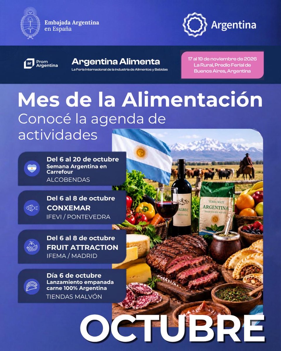 ARGenesp's tweet photo. 🇦🇷 En octubre, nos preparamos para la llegada de @argentinaalimenta a Buenos Aires, de la mano de @promocionarg

Desde la Embajada trabajamos para posicionar productos argentinos en las góndolas de España, ampliar mercados y consolidar a Argentina como el supermercado del mundo🌎 https://t.co/7Qu0qaaMWj