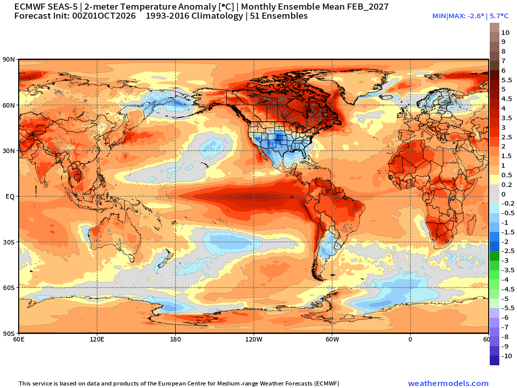 RyanWeather's tweet photo. BREAKING:  New maps show Earth almost entirely in the red 🔴

El Niño continues at "maximum power" into the winter with planetary heating dialed up everywhere EXCEPT the United States.  

Colder than normal in February --> massive "snow dumps" and sloppy ice storms.   Wow! https://t.co/48xIK1N8FP