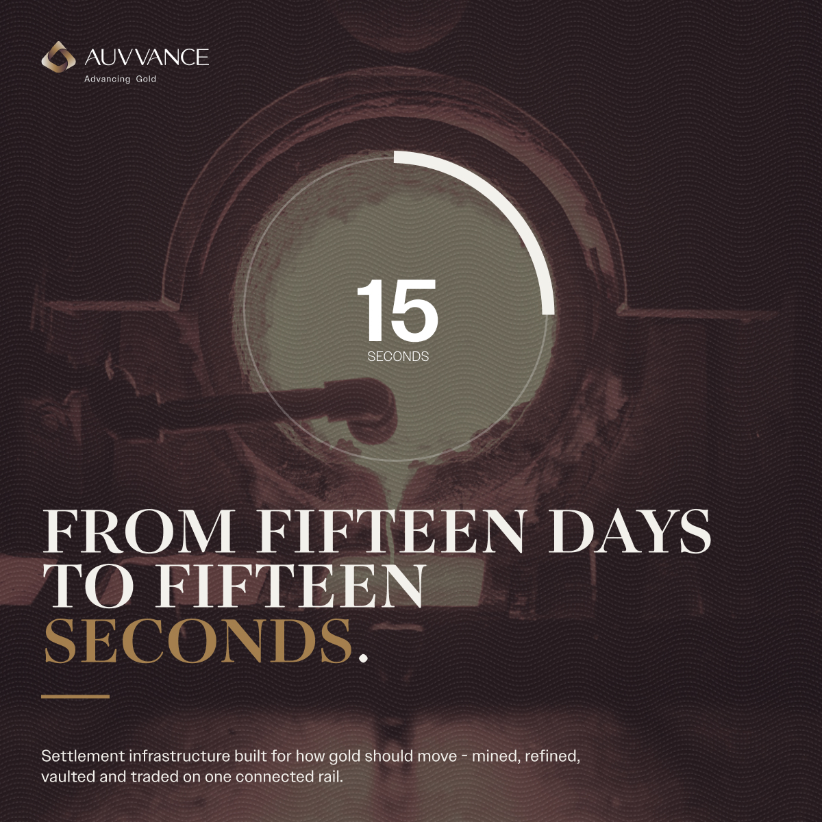 Auvvance's tweet photo. Settlement that used to take two weeks now takes fifteen seconds. 
Mined, refined, vaulted, traded  all on one connected rail. This is the infrastructure we're building.
#Auvvance #TokenizedGold #RWA #Gold #DigitalAssets #Web3#AuVG
https://t.co/CRg3mHd76E https://t.co/OwxS4zvwNN