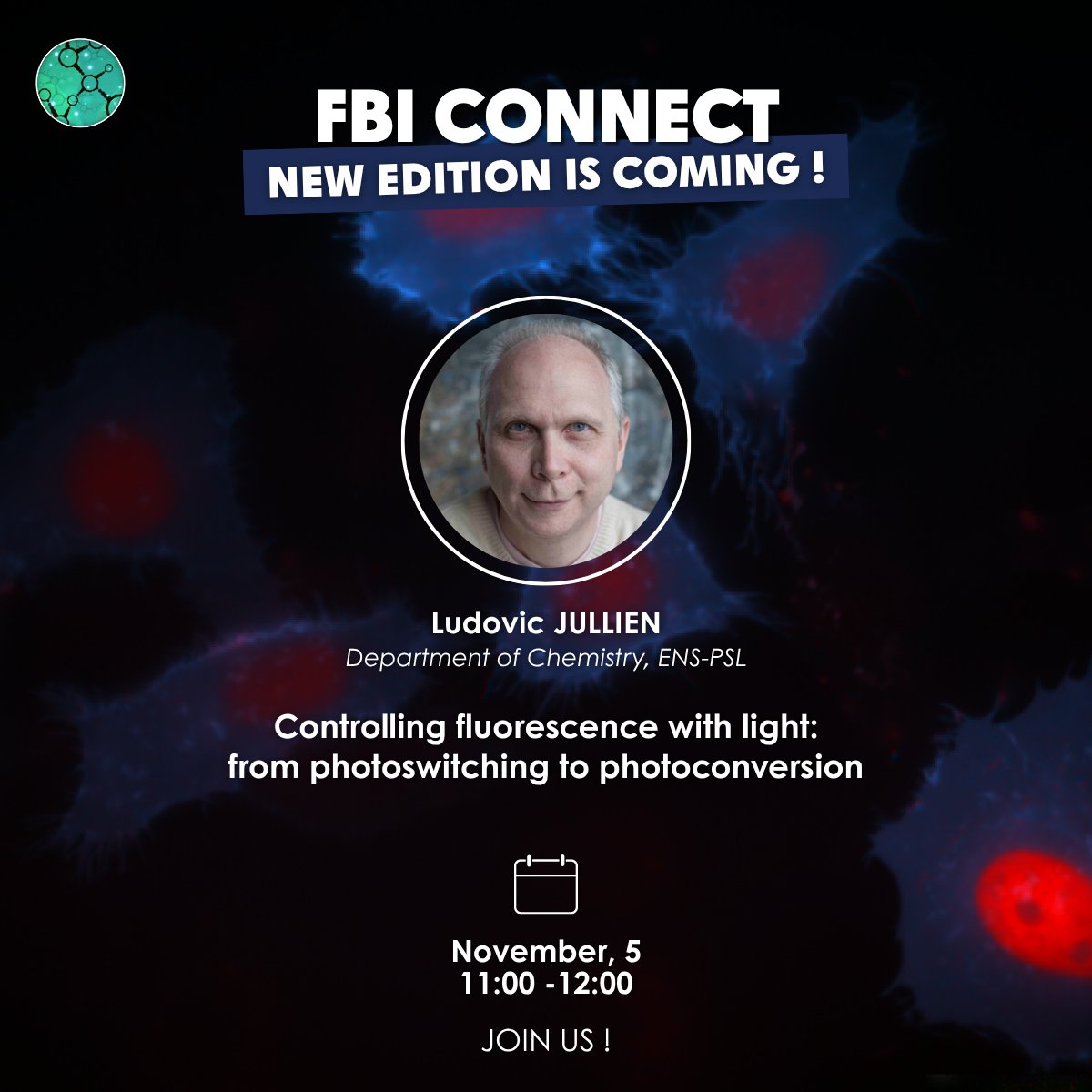 Fr_BioImaging's tweet photo. [WEBINAR] FBI Connect is back for a new edition! 🙌

This session, with Ludovic Jullien from ENS-PSL, will be focused on a new generation of fluorescent probes, based on the FAST system.💡

To learn more about the topic &amp; save your place 👉https://t.co/N7pfdAkGS7 https://t.co/GAYKHc0Gsu