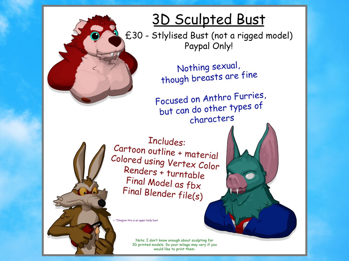 RealChyoden's tweet photo. OPENING A FEW 3D SCULPTED BUST SLOTS
gonna do 3/4 slots for now and work on them over the next few weeks.

fill in this form if you are interested:
https://t.co/YVX2esTQpu https://t.co/4mc66YyU6t