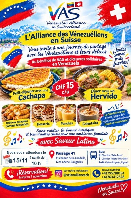 vzlanalliancech's tweet photo. Venez partager une journée de tradition avec nous ! 🇻🇪✨ Nous vous invitons à profiter d'une ambiance 100% familiale, de la musique et de nos spécialités 
​ 15 nov. dès 10h
 Passage 41, Chêne-Bougeries
​ Réservez avant le 7 nov. via DM @vzlanalliancech ou WA (+41 79 578 81 54). https://t.co/mvJmNN11Iv