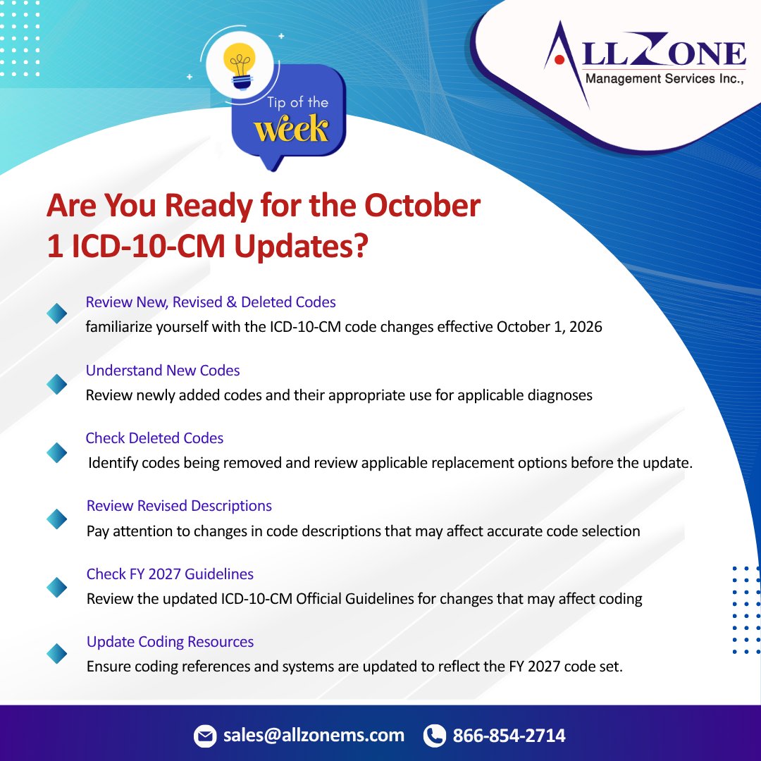 Allzone_Online's tweet photo. Prepare for the FY 2027 ICD-10-CM Code Changes
Double tap if you found this useful!
#Allzonems #allzonemanagementservices #ICD10CM #FY2027 #ICD10Updates #MedicalCoding #CodingUpdates #HealthcareCoding #MedicalCoders #ICD10Codes #CodingProfessionals #HealthcareUpdates #RCM https://t.co/SMK2NnFwHb