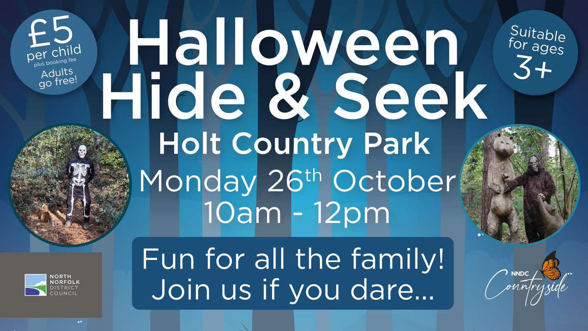 NorthNorfolkDC's tweet photo. HALLOWEEN: Who's feeling spooky? Halloween Hide and Seek is back at Holt Country Park! 🎃

Join us on Monday, 26 October, from 10am to 12pm and see if you can find the scary monsters hiding in Holt Country Park.

Find out more and book your place here: https://t.co/tDaTZeR3ID https://t.co/o8j7WwadTV