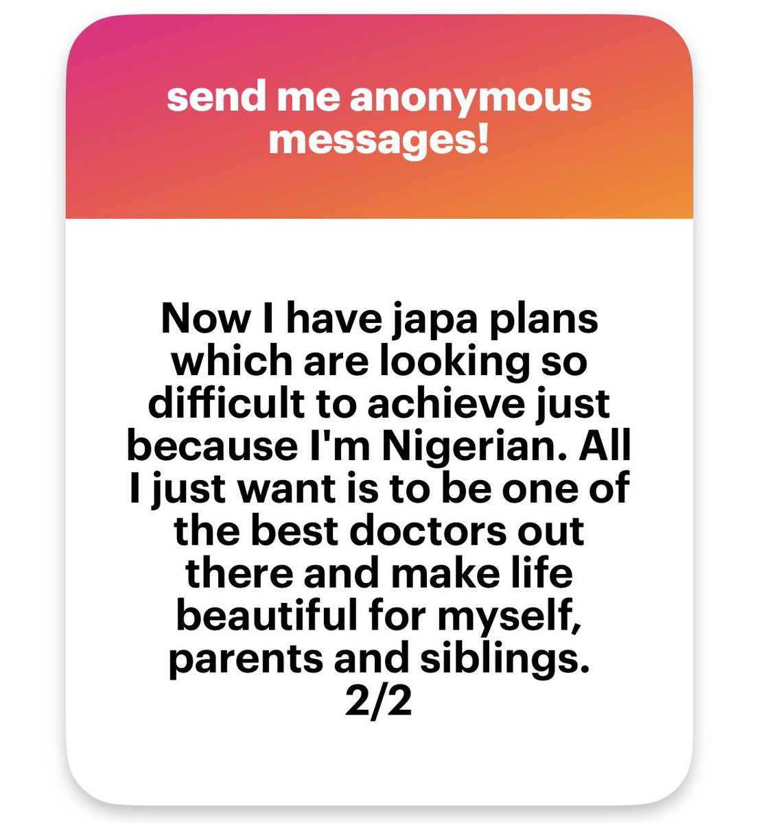 _deoluwaa's tweet photo. First, what you feel is entirely valid. 

Exactly a year ago today, I travelled for my PLAB 2. Of course, at this point, I already knew the UK route wasn’t as promising as it used to be, but I had already started the journey. And even when I passed, I didn’t post pictures because I didn’t want people asking questions months later about why I was still in Nigeria. I am honestly tired of answering questions about it. Worse still, people who know nothing about the journey keep disturbing me with their questions and opinions. 

I stayed back in the UK for 5 months. And while I was away, my grandfather died. My major grief stemmed from the fact that I had promised I was going to pamper him in his old age because he was such a sweet grandpa. But na me no quickly blow. 

I really wish Nigeria were a better place or even offered a promising future. Now, I’m learning how to be less bothered by factors beyond my control. You have tried so much to give yourself a better life. And while you might not be seeing the results rn, you cannot undermine your efforts or let this country do that to you. 

I still believe better days are coming. And while I hate to compare, I feel grateful about my life so far because it could actually be worse. Hope and gratitude keep me in check.

Cut yourself some slack and don’t whip yourself because of systemic lapses you cannot control. When you are tired, catch a break, go out and touch grass, and then go again. 

I am sorry you are going through this. I pray God makes your journey easier, and keep your folks long enough to eat the fruit of their labour.