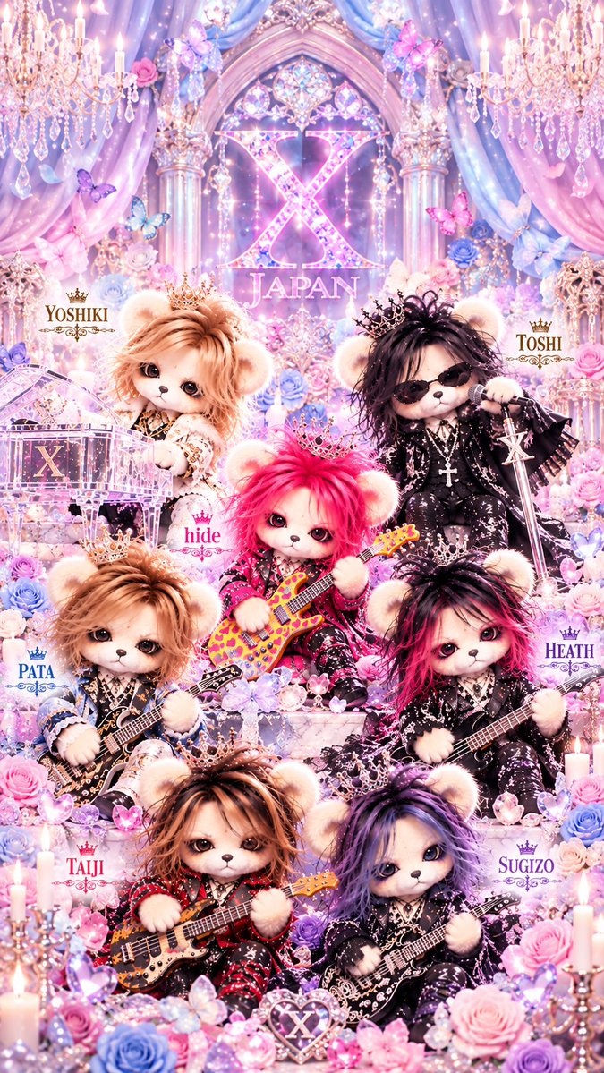 hide722yu's tweet photo. XJAPANのメンバーをイメージした、くま🧸ちゃん(*´罒`*)

 #XJAPAN
 #メンバー
 #くま
 #画像どうぞ https://t.co/p0dHwkpTWt