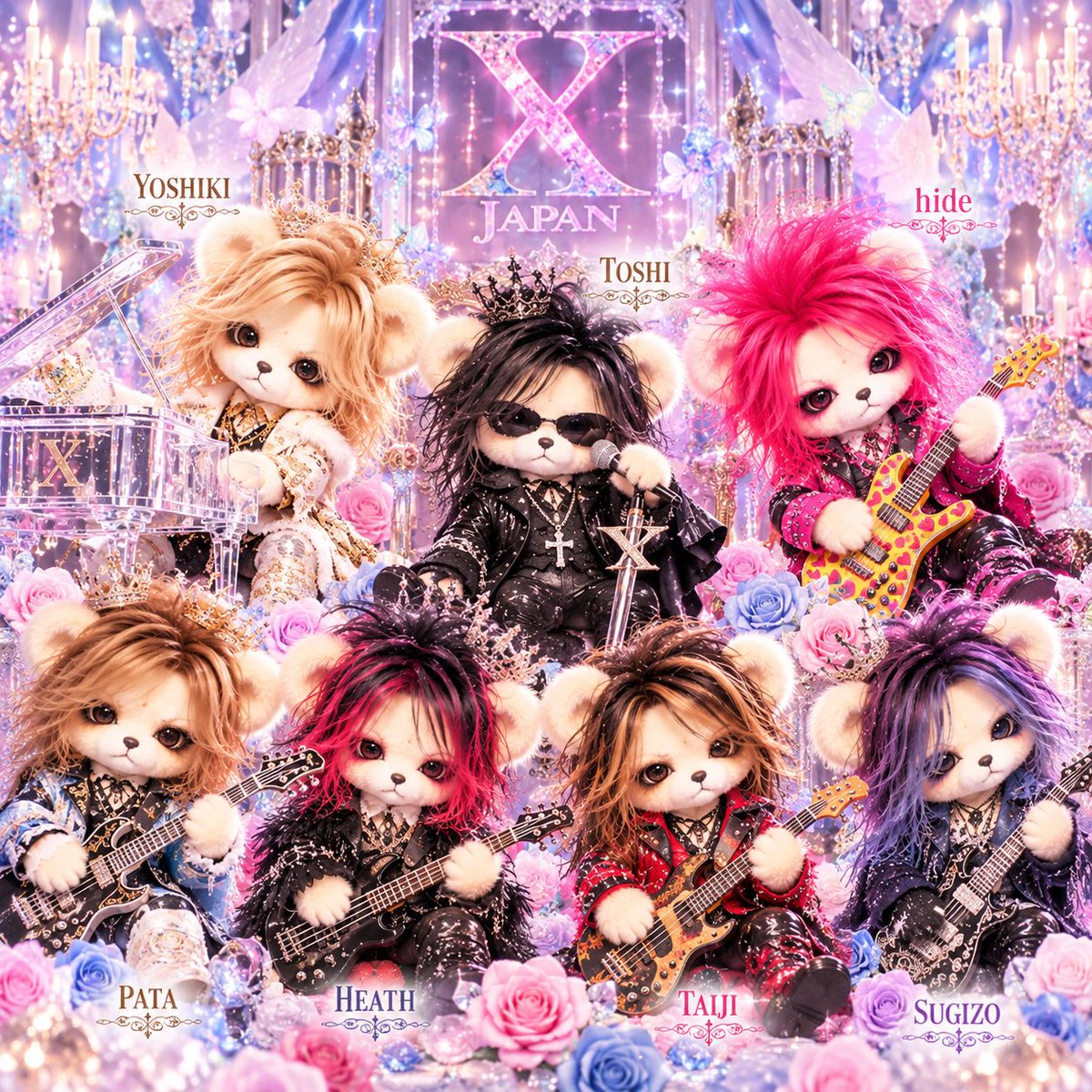 hide722yu's tweet photo. XJAPANのメンバーをイメージした、くま🧸ちゃん(*´罒`*)

 #XJAPAN
 #メンバー
 #くま
 #画像どうぞ https://t.co/p0dHwkpTWt