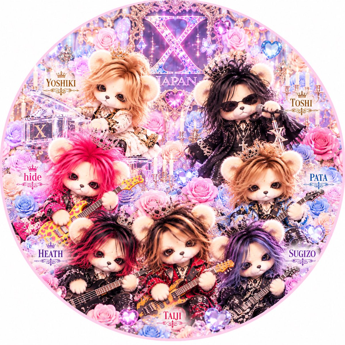hide722yu's tweet photo. XJAPANのメンバーをイメージした、くま🧸ちゃん(*´罒`*)

 #XJAPAN
 #メンバー
 #くま
 #画像どうぞ https://t.co/p0dHwkpTWt