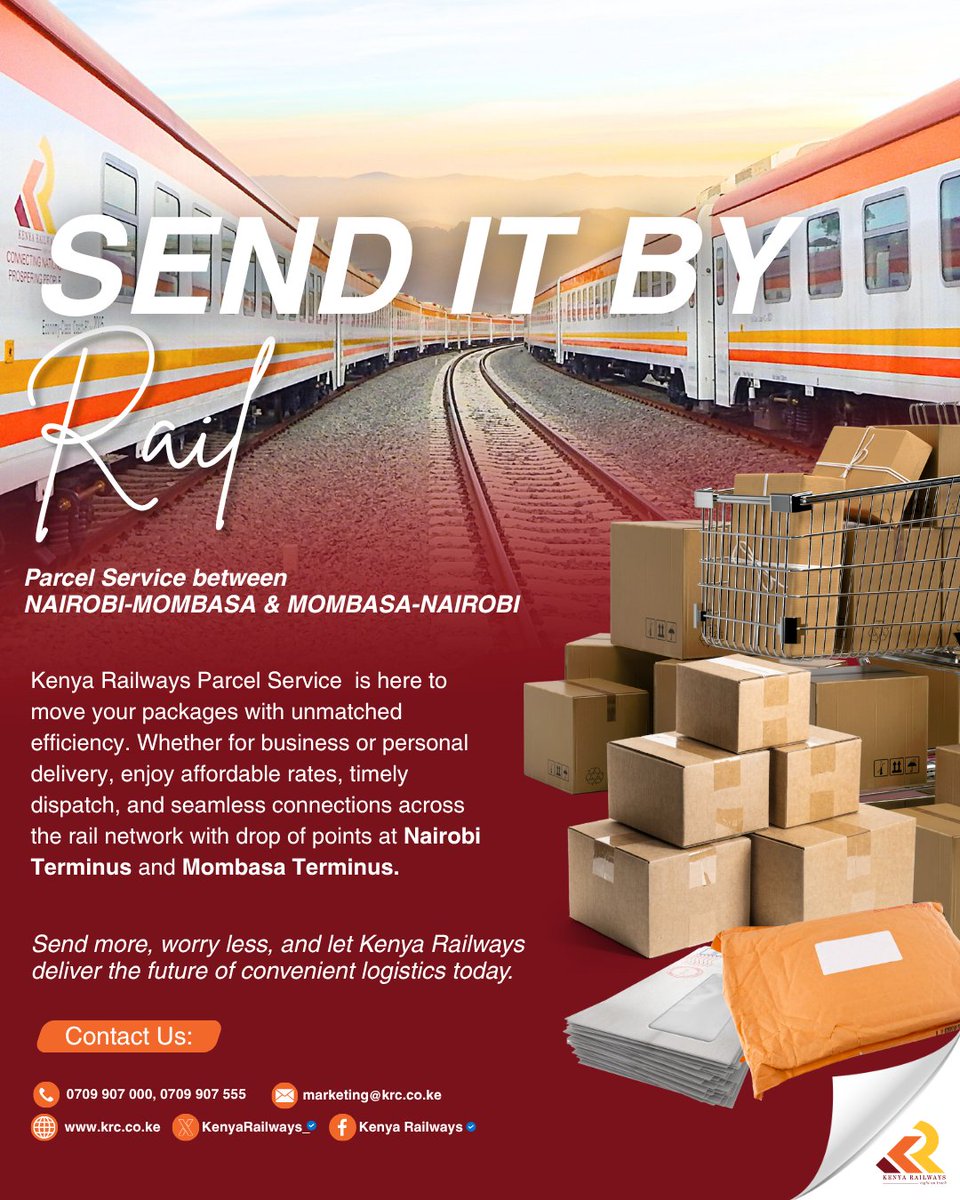 KenyaRailways_'s tweet photo. There is a smarter, faster, and more affordable way to get your parcels between Nairobi and Mombasa - and it runs on rails.
#KenyaRailways #SendItByRail #ParcelService #RightOnTrack #LogisticsKenya https://t.co/fgyyeUzuo0