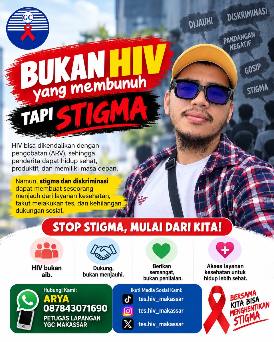 vctmks's tweet photo. Bukan HIV yang membunuh, tapi stigma. ❤️
HIV bisa dikendalikan dengan pengobatan ARV. Jangan jauhi, jangan menghakimi. Mari saling mendukung dan hentikan stigma. 🤝
STOP STIGMA, MULAI DARI KITA! ❤️
#HIV #StopStigma #HIVMakassar #TesHIV #IMS #YGCmakassar https://t.co/T4t4RVks8q