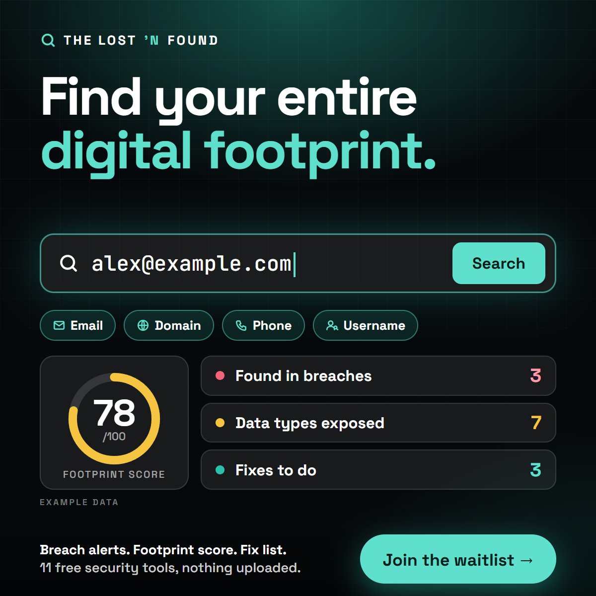 Lonedidthat's tweet photo. 🛡️ Search your email, domain, phone and username
📊 Get a footprint score and a fix list
🚨 Alerts when you show up in a new breach
👉 Waitlist is open: https://t.co/uIFUgEcC5h https://t.co/s9MGHNWLUQ