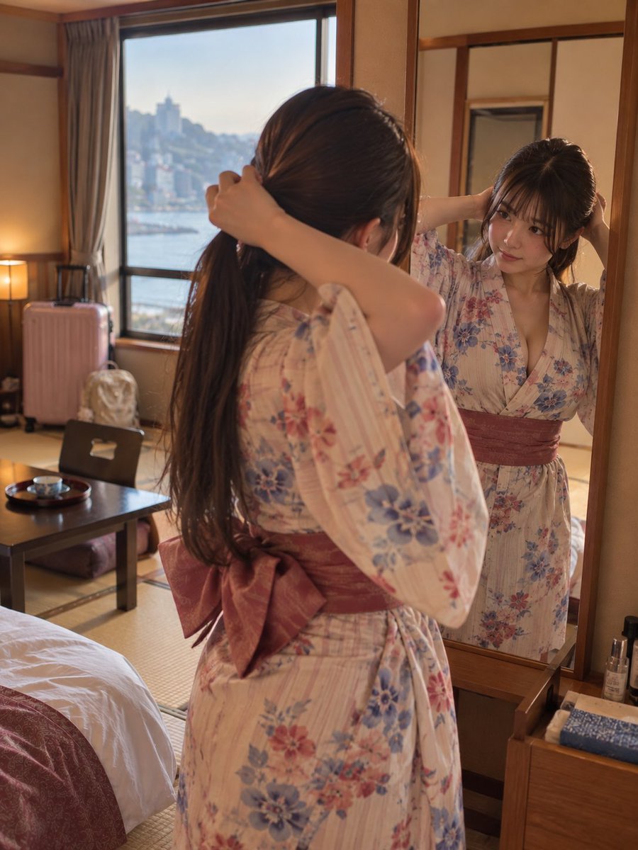 jp_aigirls_lab's tweet photo. お部屋の浴衣に着替えて髪をセット中
和風な柄がすごく可愛くて気分が上がりますこれから温泉に入ってきます♨️

Changed into the room yukata and styling my hair The Japanese floral pattern is so pretty Going to hit the hot springs now♨️

#AI美女 #AIGirls #AIart #温泉宿 #浴衣 https://t.co/SXUmGaANKc