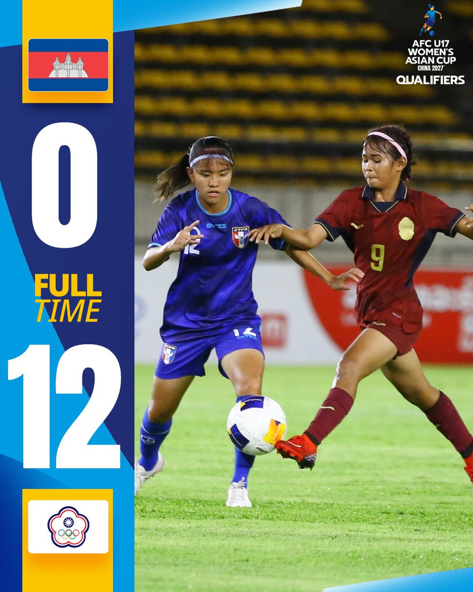 TheAWCL's tweet photo. FT | 🇰🇭 Cambodia 0️⃣-1️⃣2️⃣ Chinese Taipei 

A commanding victory over Cambodia for Chinese Taipei in Group C of #U17WAC Qualifiers! https://t.co/WuCxuQwCT3