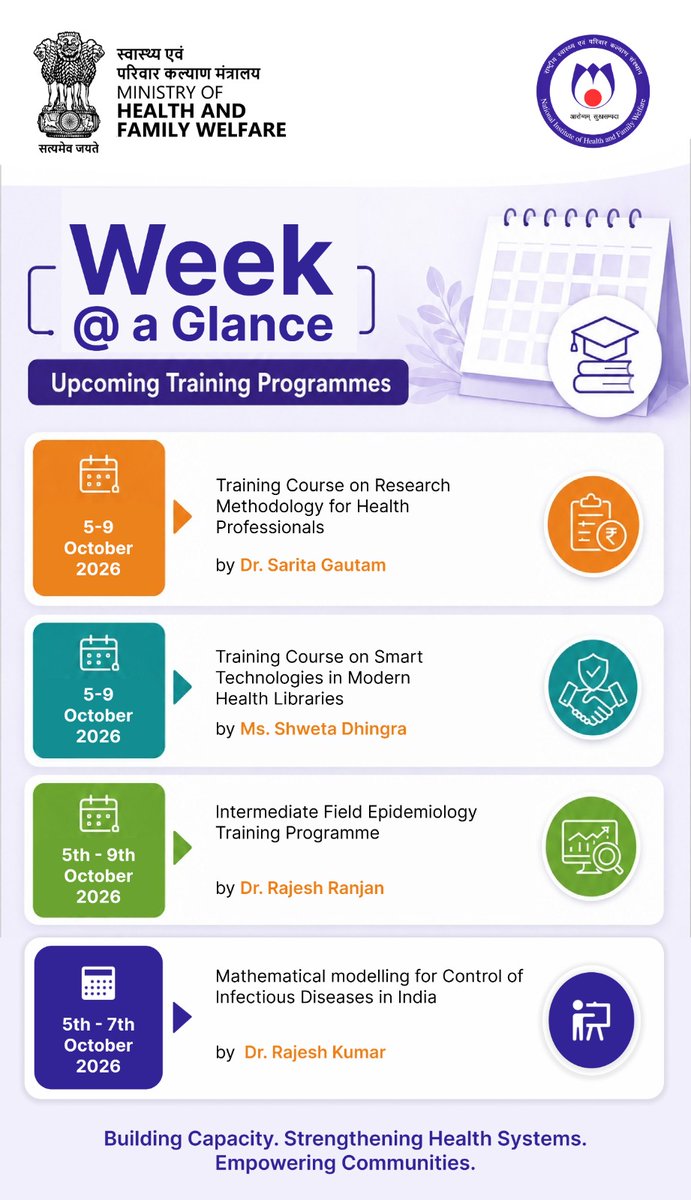 NIHFWofficial's tweet photo. Starting today, 5 October 2026, NIHFW is conducting specialised training programmes focused on strengthening skills and professional competencies across key areas of public health. https://t.co/jCNbXnZElC