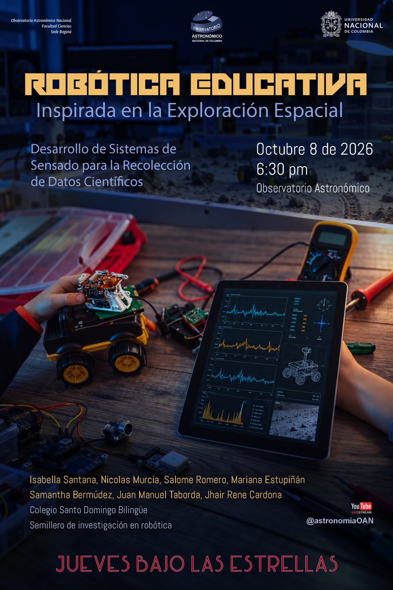 astrosvd's tweet photo. La exploración espacial inspira nuevas formas de aprender y hacer ciencia!
En la próxima sesión de #JuevesBajoLasEstrellas, descubriremos cómo la robótica educativa permite desarrollar sistemas de sensado para recolectar datos científicos, tomando como inspiración los desafíos de la exploración espacial.