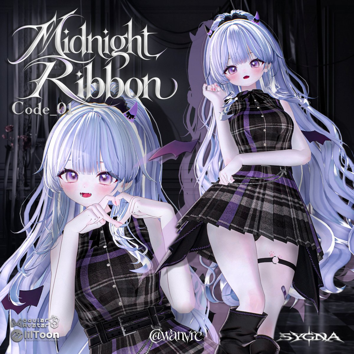 SYGNA_VRC's tweet photo. SYGNA Shop、初の衣装が登場！
✦ SYGNA — Code_01 Midnight Ribbon ✦

発売日：2026.10.08 09:00（JST）

後日、RTキャンペーンも開催予定です！

リボンを添えたノースリーブシャツに、チェック柄のプリーツスカート。
二連のベルトとチェーン、くしゅっとしたロングブーツを合わせた、甘さとシャープさが共存する衣装セットです。

襟元は上品に、ウエストには存在感を。
20種類のカラーバリエーションから、お気に入りの一着を見つけてください。

【発売記念セール｜50%以上OFF】
2026.10.08 09:00 ～ 2026.10.10 21:00（JST）
1,150円 → 570円
2,300円 → 1,050円

【30%以上OFF】
2026.10.10 21:00 ～ 2026.10.17 21:00（JST）
1,150円 → 800円
2,300円 → 1,600円

#SYGNA_VRC #VRChat #VRChat衣装