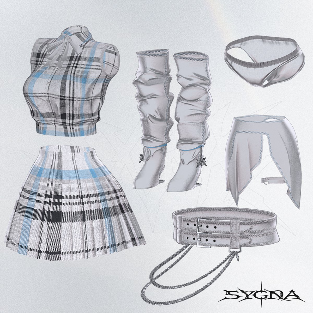 SYGNA_VRC's tweet photo. SYGNA Shop、初の衣装が登場！
✦ SYGNA — Code_01 Midnight Ribbon ✦

発売日：2026.10.08 09:00（JST）

後日、RTキャンペーンも開催予定です！

リボンを添えたノースリーブシャツに、チェック柄のプリーツスカート。
二連のベルトとチェーン、くしゅっとしたロングブーツを合わせた、甘さとシャープさが共存する衣装セットです。

襟元は上品に、ウエストには存在感を。
20種類のカラーバリエーションから、お気に入りの一着を見つけてください。

【発売記念セール｜50%以上OFF】
2026.10.08 09:00 ～ 2026.10.10 21:00（JST）
1,150円 → 570円
2,300円 → 1,050円

【30%以上OFF】
2026.10.10 21:00 ～ 2026.10.17 21:00（JST）
1,150円 → 800円
2,300円 → 1,600円

#SYGNA_VRC #VRChat #VRChat衣装