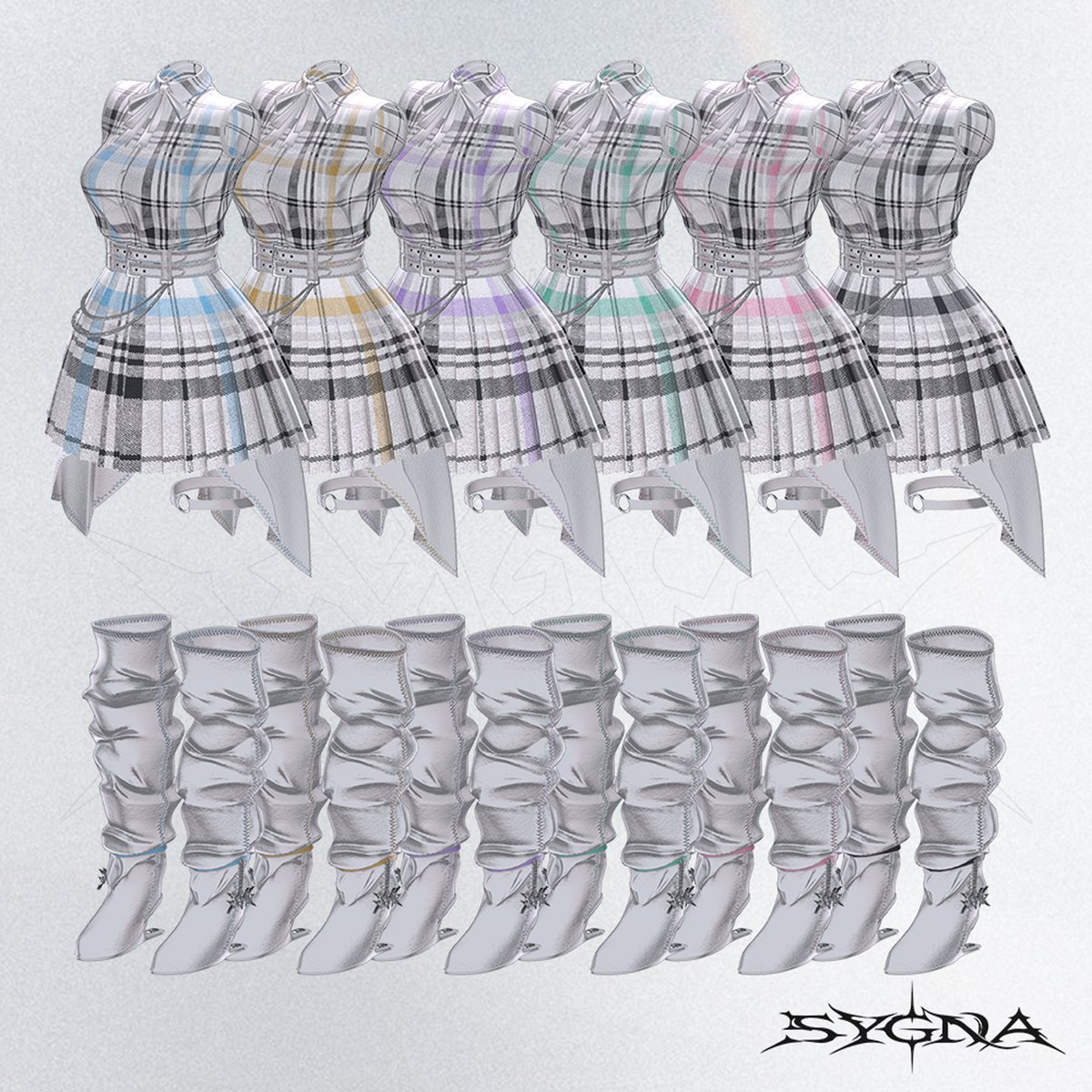 SYGNA_VRC's tweet photo. SYGNA Shop、初の衣装が登場！
✦ SYGNA — Code_01 Midnight Ribbon ✦

発売日：2026.10.08 09:00（JST）

後日、RTキャンペーンも開催予定です！

リボンを添えたノースリーブシャツに、チェック柄のプリーツスカート。
二連のベルトとチェーン、くしゅっとしたロングブーツを合わせた、甘さとシャープさが共存する衣装セットです。

襟元は上品に、ウエストには存在感を。
20種類のカラーバリエーションから、お気に入りの一着を見つけてください。

【発売記念セール｜50%以上OFF】
2026.10.08 09:00 ～ 2026.10.10 21:00（JST）
1,150円 → 570円
2,300円 → 1,050円

【30%以上OFF】
2026.10.10 21:00 ～ 2026.10.17 21:00（JST）
1,150円 → 800円
2,300円 → 1,600円

#SYGNA_VRC #VRChat #VRChat衣装