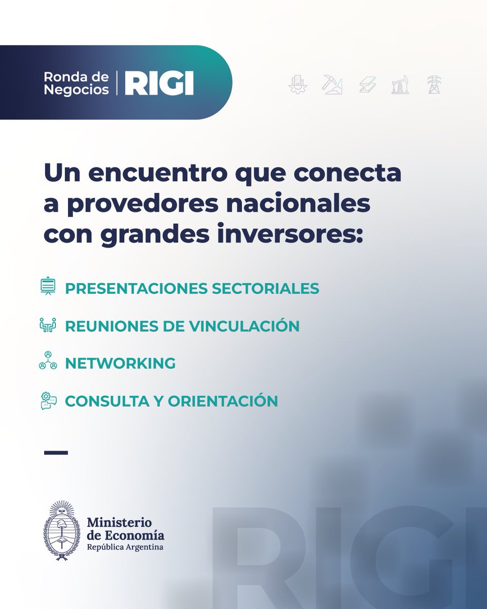 MinEconomia_Ar's tweet photo. EL 29 DE OCTUBRE LLEGA LA PRIMERA RONDA DE NEGOCIOS RIGI

Si sos una empresa proveedora de bienes o servicios de cualquier parte del país, participá de la primera Ronda de Negocios RIGI, el 29 de octubre en Rosario. Vas a poder vincularte con grandes proyectos de inversión en minería, industria e infraestructura y generar nuevas oportunidades de negocios.

Inscribite en: https://t.co/Q4dPJrIMAI