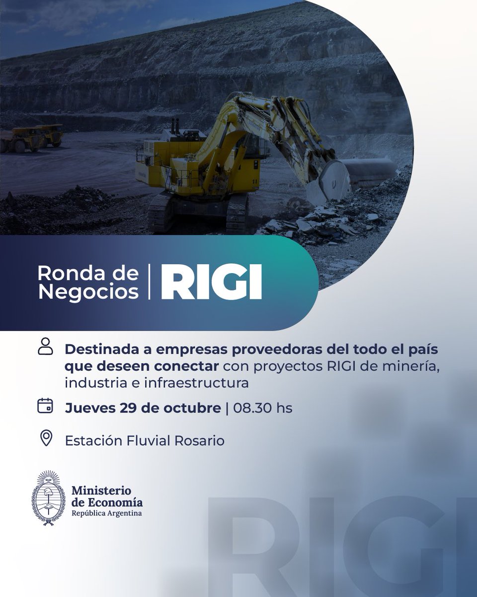 MinEconomia_Ar's tweet photo. EL 29 DE OCTUBRE LLEGA LA PRIMERA RONDA DE NEGOCIOS RIGI

Si sos una empresa proveedora de bienes o servicios de cualquier parte del país, participá de la primera Ronda de Negocios RIGI, el 29 de octubre en Rosario. Vas a poder vincularte con grandes proyectos de inversión en minería, industria e infraestructura y generar nuevas oportunidades de negocios.

Inscribite en: https://t.co/Q4dPJrIMAI