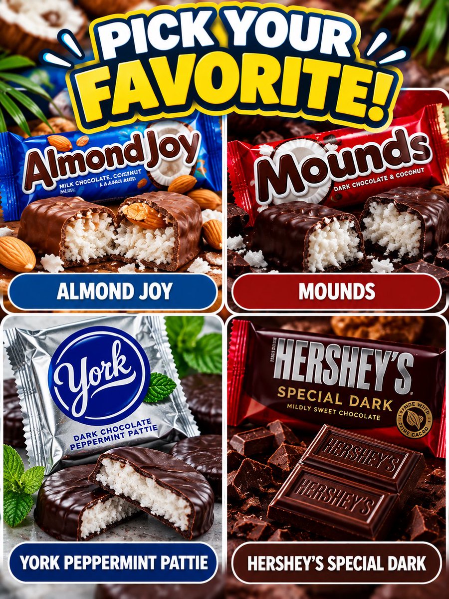 happycandyking's tweet photo. Chocolate candy showdown! 🍫 Which one gets your vote?

Pick Your Favorite:
Almond Joy
Mounds
York Peppermint Pattie
Hershey’s Special Dark

Comment your pick below! 👇 Which one would you grab first?

#ChocolateCandy #CandyLover #PickYourFavorite #DarkChocolate #SweetTreats https://t.co/5RJqrd7kd7