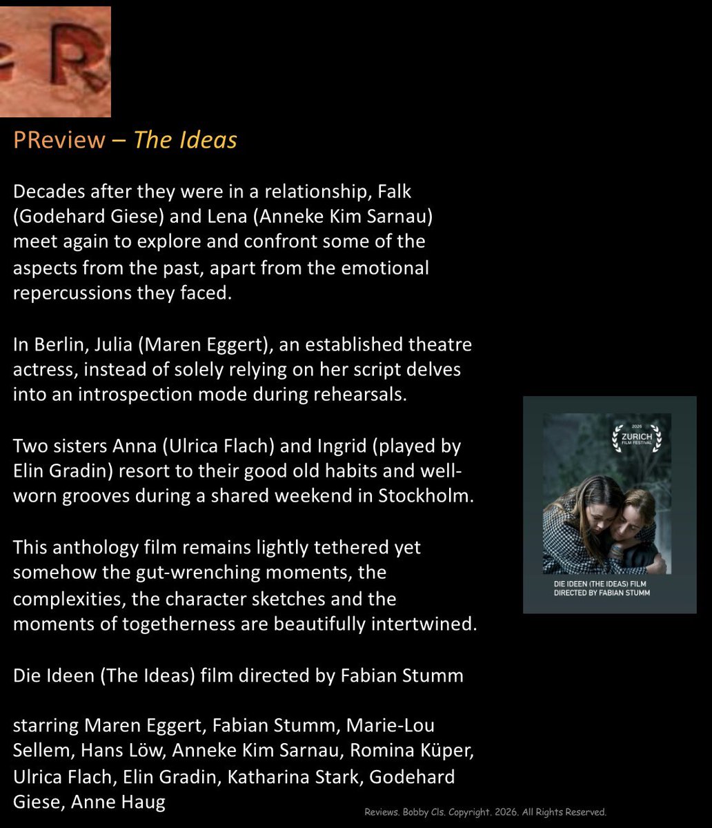 Rcoolmovies's tweet photo. This anthology film remains lightly tethered, the gut-wrenching moments, the complexities, the character sketches & the moments of togetherness are beautifully intertwined.
Die Ideen by #FabianStumm
@zurichfilmfest #ZFF2026
#ZurichFilmFestival
#MarenEggert #KatharinaStark https://t.co/OSuCDQp7D6