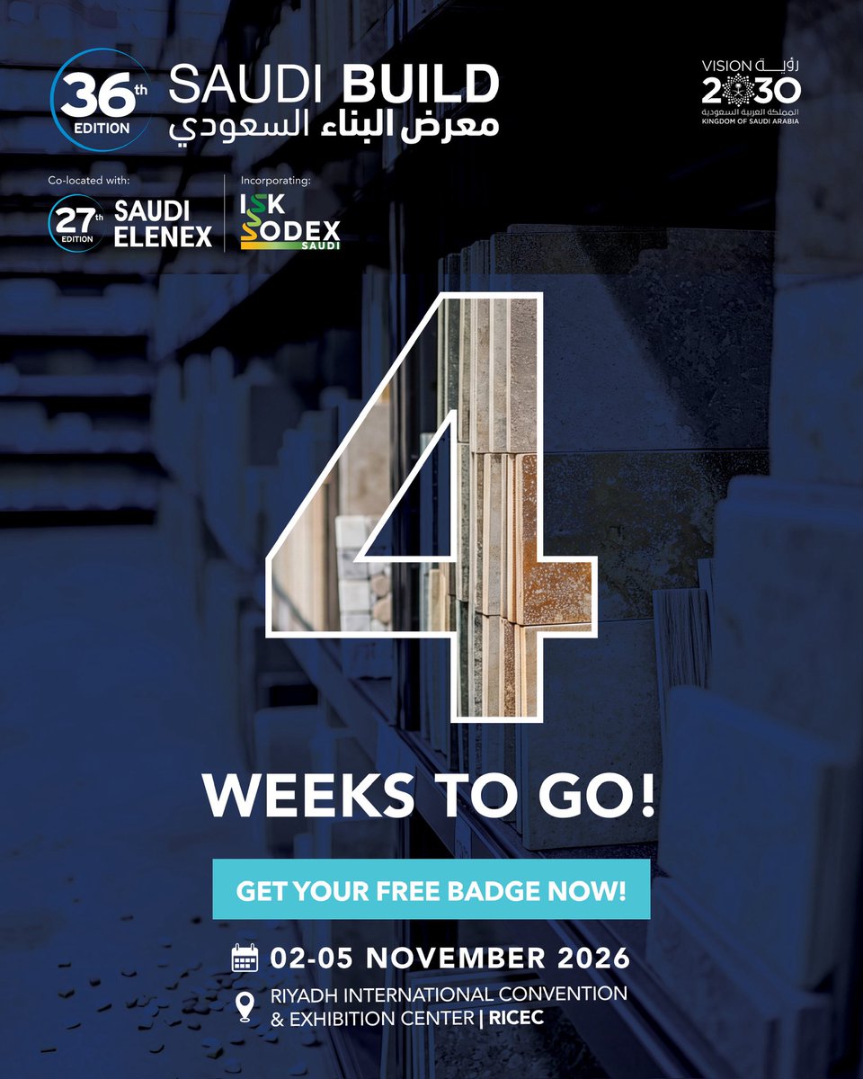Saudi_Build's tweet photo. The countdown to #SaudiBuild2026 is on

Join the Kingdom’s leading construction platform, and discover the latest innovations, technologies, products and solutions shaping the future of building

Register to Visit now 
https://t.co/9HsoFIcPZp https://t.co/G41J85ffMx