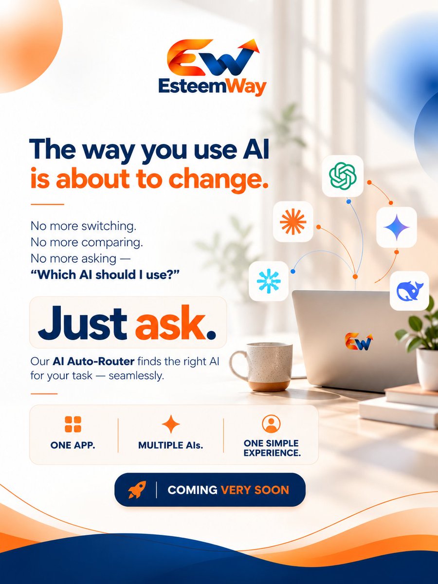 EsteemWay's tweet photo. The way you use AI is about to change.

No more switching. No more comparing. No more "Which AI should I use?"

Just ask. Our AI Auto-Router picks the right AI for you.

One app. Multiple AIs. Coming very soon.

https://t.co/oJK20aoCJm

#AIAgents #EsteemWay https://t.co/dvE5pvTzGb