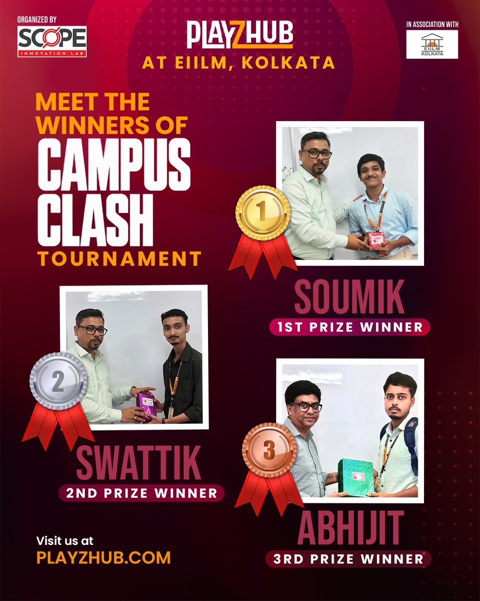 Playzhub_Games's tweet photo. PlayzHub at EIILM Kolkata was all about games, energy, and great moments 🎮
A big congratulations to our Campus Clash winners:
🥇 Soumik
🥈 Swattik
🥉 Abhijit
Thank you, EIILM, for making the tournament such an exciting experience!
#PlayzHub #EIILM #Kolkata #GamingEvent https://t.co/5IrRpAg9tA