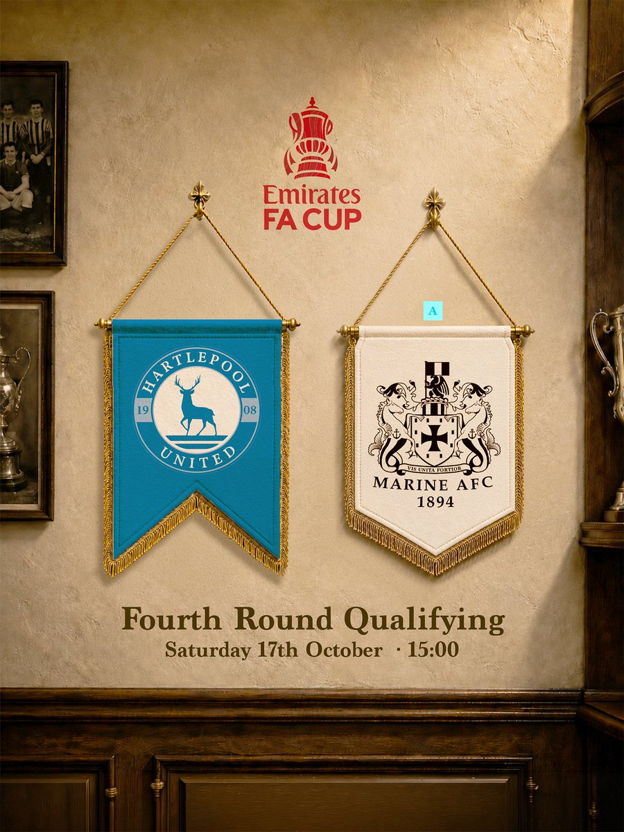 MarineAFC's tweet photo. 🏆 How's that Mariners? 

We will face Hartlepool United away in the @emiratesfacup Fourth Round Qualifying.

🗓️ | Sat 17th Oct 3PM
🎟️ | Ticket details to follow

#WeAreMarine https://t.co/r26QJ6JZ7I