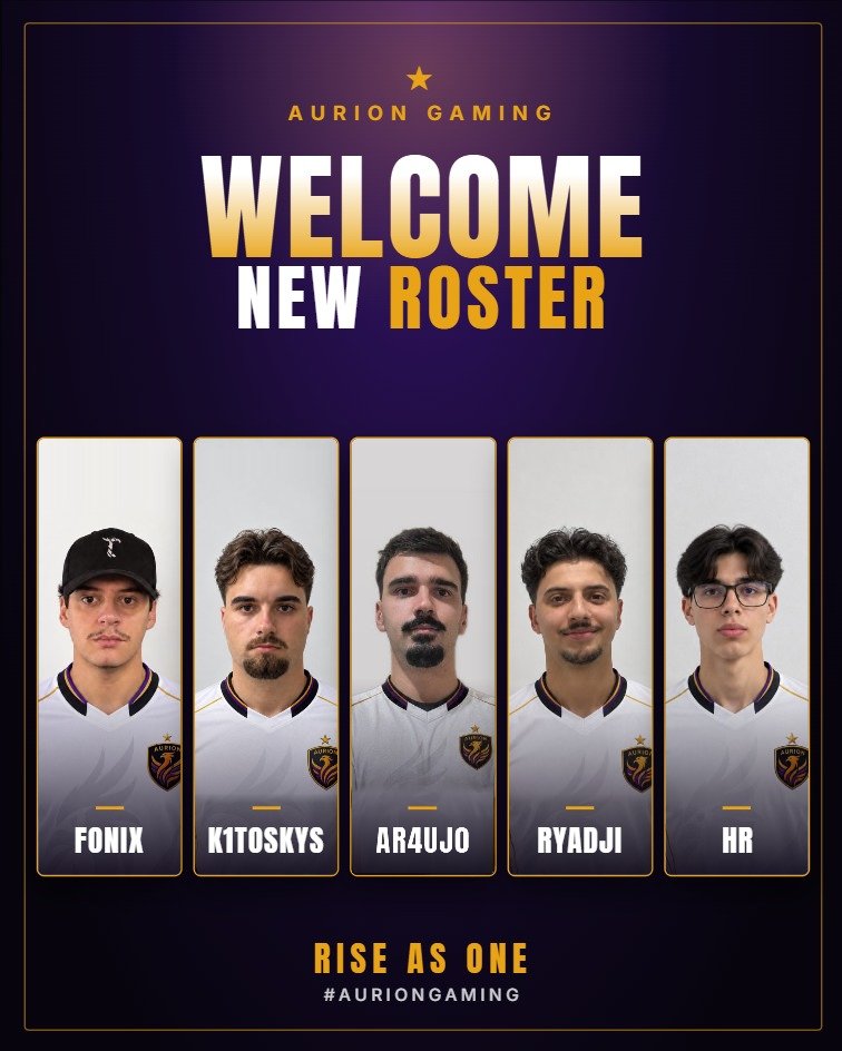 Auriongaming's tweet photo. 🟣 WELCOME TO THE NEW AURION GAMING ROSTER 🟡

A new chapter begins. A new lineup. One goal. 🏆

⭐ @fonixxx666 
⚓ K1TOSKYS
🧠 @AR4UJ0_00 
🎯 @Ryadji_cs 
⚡@hr_cs2

#RiseAsOne 🟣🟡 https://t.co/8NRv1LraH8