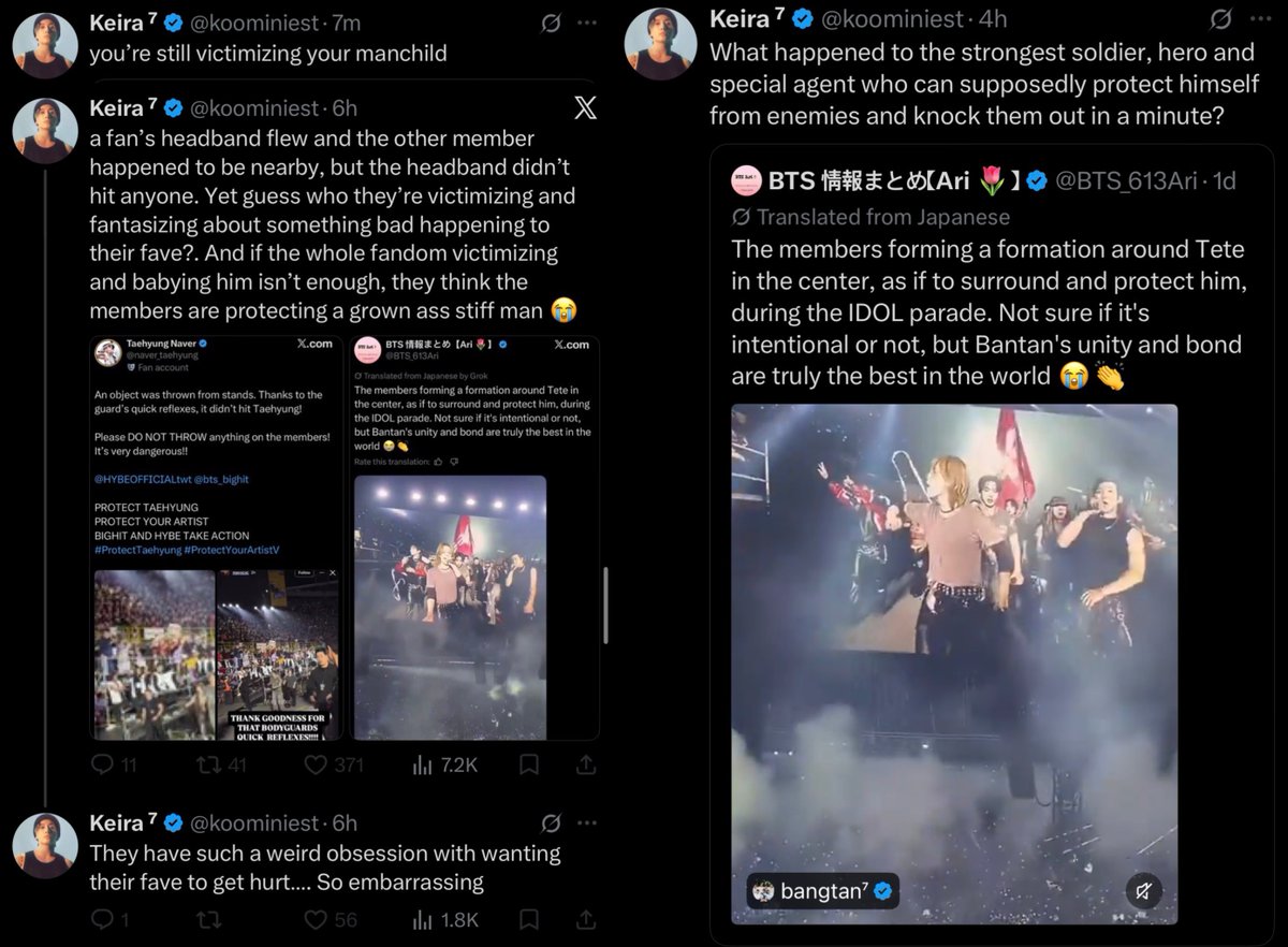 naver_taehyung's tweet photo. In addition to the object that nearly hit Taehyung, there were TWO additional times objects were thrown on the members.

Taehyung, Jhope, Namjoon and Jin were all nearly hit by objects thrown by fans!

And yet accs like @koominiest, who is a jikook shipper, is making fun of the incident! These shippers are a danger to the rest of the members. They seek retaliation based on imagined slights and downplay the danger! 

HYPE PROTECT YOUR ARTISTS!

@HYBEOFFICIALtwt @bts_bighit

PROTECT TAEHYUNG
PROTECT YOUR ARTIST
BIGHIT AND HYBE TAKE ACTION
#ProtectTaehyung #ProtectYourArtistV