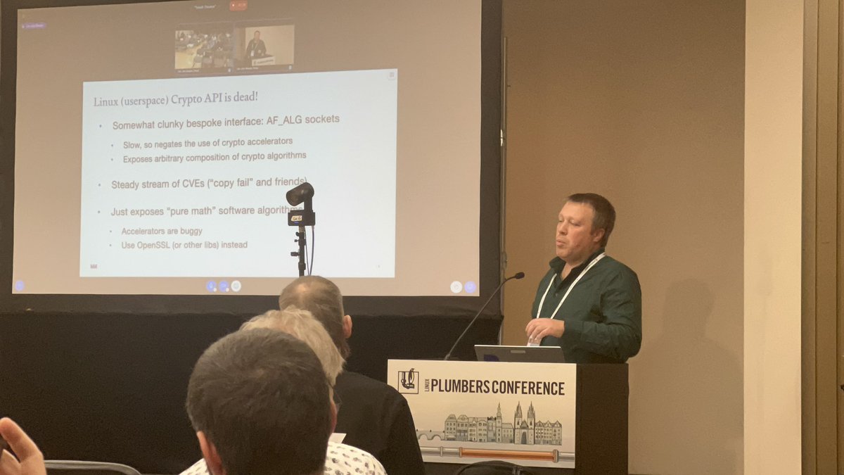 FBorsik's tweet photo. “#Linux #Crypto #API is dead, long live Linux Crypto API v2?”
https://t.co/7P3pgwhYQo
@ignatkn at @linuxplumbers 2026 cc @openssl_
#LinuxPlumbers #OpenSource #Linux #FLOSS #FOSS #LinuxKernel #Kernel #LinuxPlumbers2026 #LinuxCryptoAPI #LinuxAPI #CryptoAPI #OpenSSL https://t.co/hqZ6RZUAw8