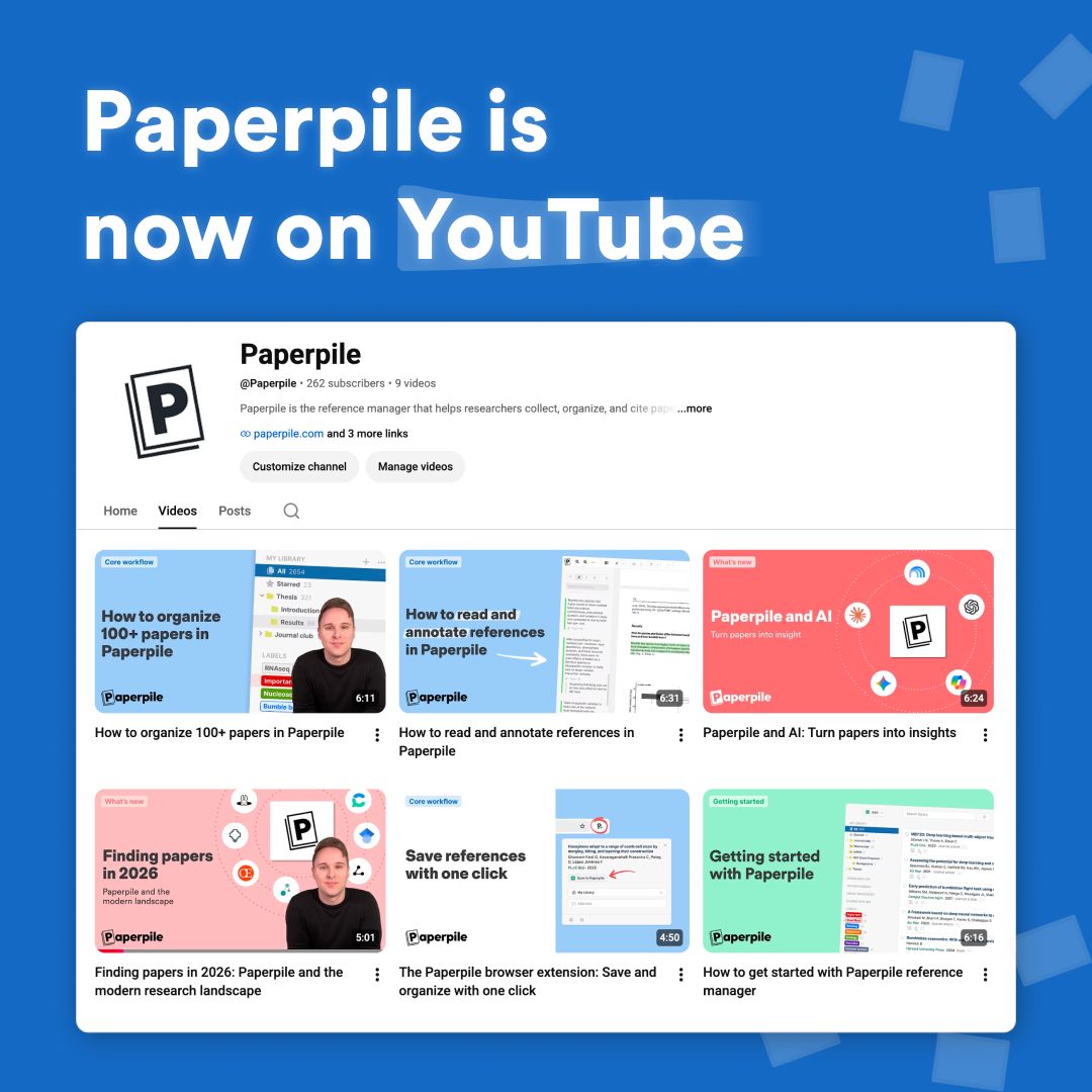 paperpile's tweet photo. In case you’ve missed it, we’ve launched a YouTube channel 🎉

We’re starting with short tutorials on finding research papers, organizing your library, and best practices for reading and annotating.

We’ll also publish tutorials showing you how to use new Paperpile features as they’re released.